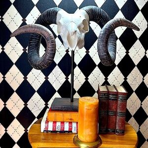 Vintage Ram Skull Sculpture on Tall Stand – Rustic Statement Art